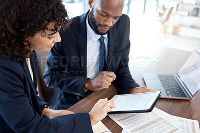 Buy stock photo Corporate, black man and woman with tablet, documents and planning for new project, deadline and check paperwork together. Business, female employee and male manager with device, talking and forms