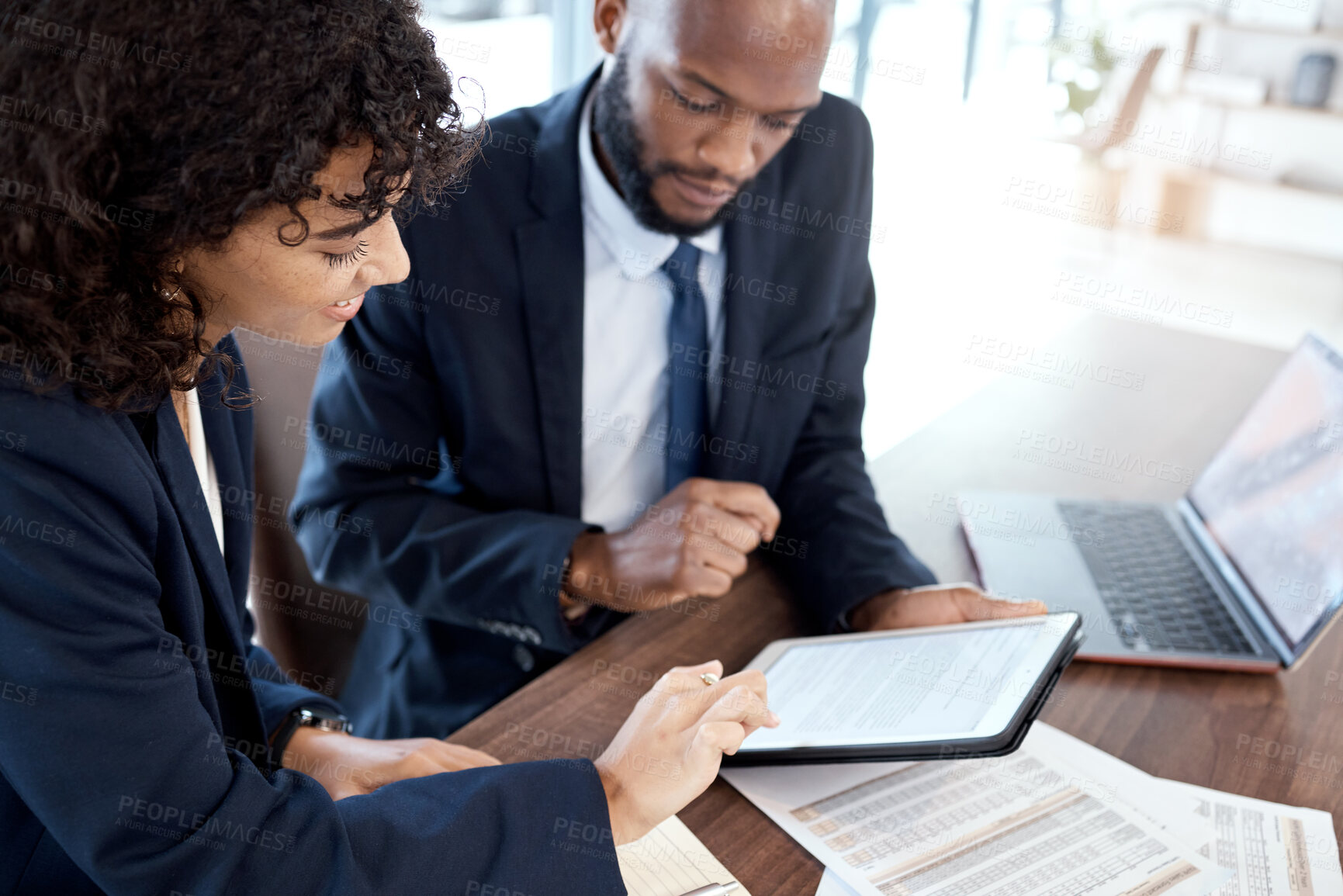 Buy stock photo Corporate, black man and woman with tablet, documents and planning for new project, deadline and check paperwork together. Business, female employee and male manager with device, talking and forms