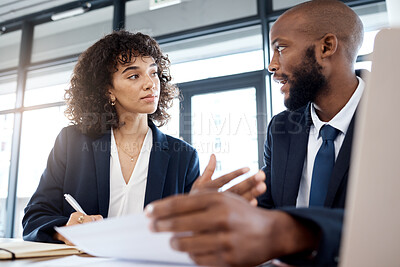 Buy stock photo Planning, strategy and meeting black people or clients b2b documents, finance review and contract discussion. Accountant, financial advisor or business employee with partner investment at USA company
