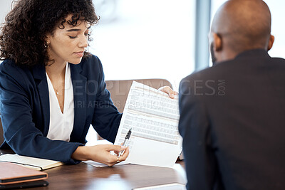 Buy stock photo Businesswoman, documents and financial advisor consulting client for paperwork, report or investment idea. Broker, consultant and meeting of teamwork, contract or planning legal feedback consultation