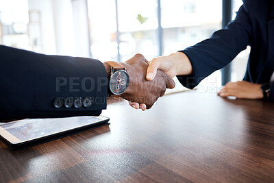 Buy stock photo Handshake, deal and business people meeting for an interview, partnership and consultation. Thank you, support and employees shaking hands for a contract, welcome and agreement during recruitment