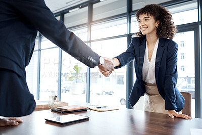 Buy stock photo Business people, handshake and smile for b2b, interview or partnership in teamwork at the office. Happy female executive shaking hands with employee for meeting, greeting or introduction at workplace
