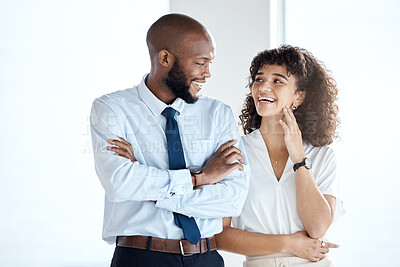 Buy stock photo Laughing, arms crossed and employees with pride, confidence and diversity at corporate company. Success, happy and black man and woman smiling for business solidarity and support for a collaboration