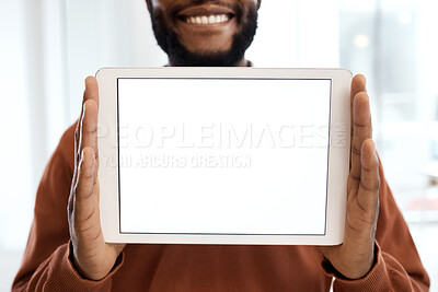 Buy stock photo Tablet, mockup screen and black man smile for website branding, social media and mobile app on internet. Marketing, network and male with empty, blank and copy space of digital tech for advertising