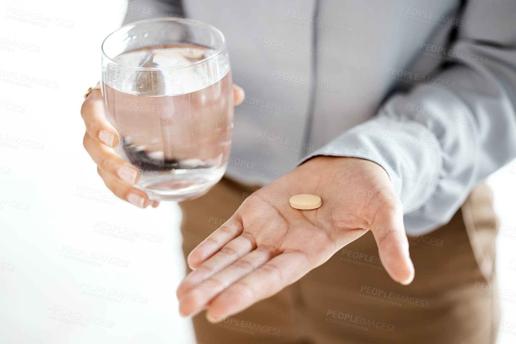 Buy stock photo Pills, water glass and woman hands for mental health, depression or medical problem in pharmaceutical industry. Medicine, tablet or healthcare drugs of person anxiety, headache and stress management