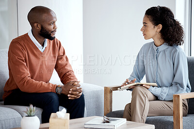 Buy stock photo Psychology, counseling and black people, psychologist and client talking of mental health, stress or career problem. Therapy, therapist and professional woman services for USA patient in consultation