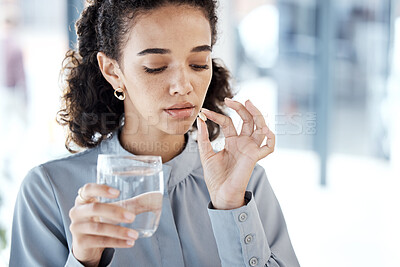 Buy stock photo Medicine, water and woman with mental health, depression or medical problem in pharmaceutical industry. Pills, tablet or healthcare drugs with person at work for anxiety, pain and stress management