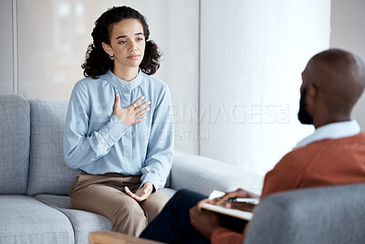 Buy stock photo Conversation, sad and woman with a psychologist for therapy, trauma and mental health support. Consultation, psychology and patient talking to a black man during counseling about a life problem