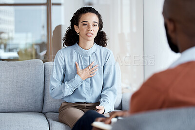 Buy stock photo Therapy, counselling and mental health conversation with woman patient and psychologist on couch. Person talking about psychology, anxiety and depression or stress with therapist for help or support 