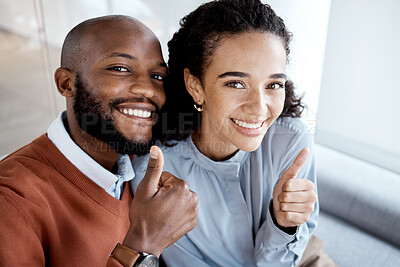 Buy stock photo Portrait, friends and employees with thumbs up, achievement and project success in modern office. Face, female consultant and African American male manager with gesture for celebration, ok or support