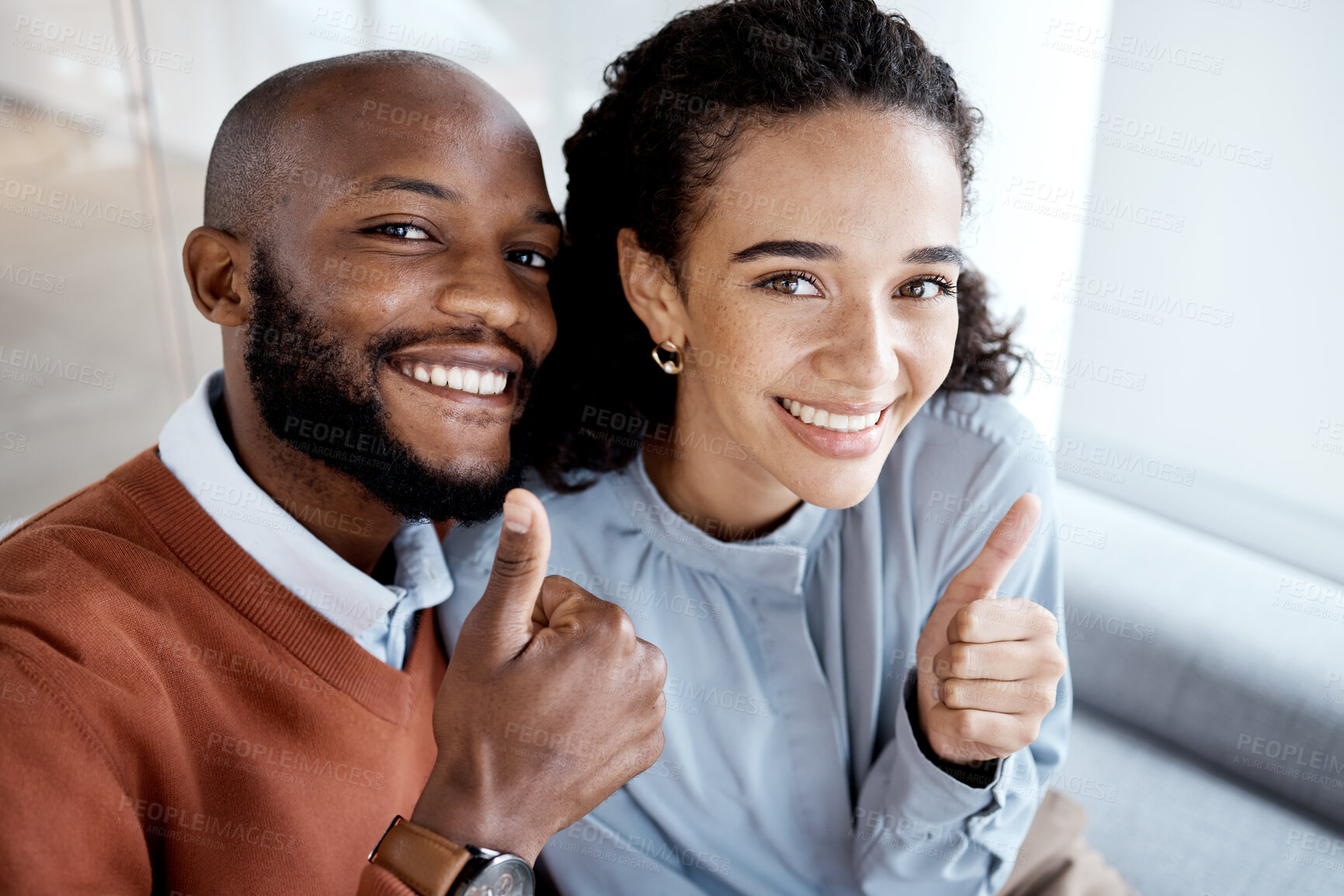 Buy stock photo Portrait, friends and employees with thumbs up, achievement and project success in modern office. Face, female consultant and African American male manager with gesture for celebration, ok or support