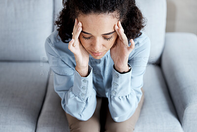 Buy stock photo Headache, stress and anxiety with black woman on sofa for burnout, mental health and sad. Depression, thinking and frustrated with girl in living room suffering with problem, worried and exhausted  