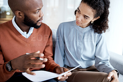Buy stock photo Contract, medical agreement and black man with woman sign paperwork, health insurance and legal document. Communication, doctor in psychology and patient, consultation to explain terms and conditions