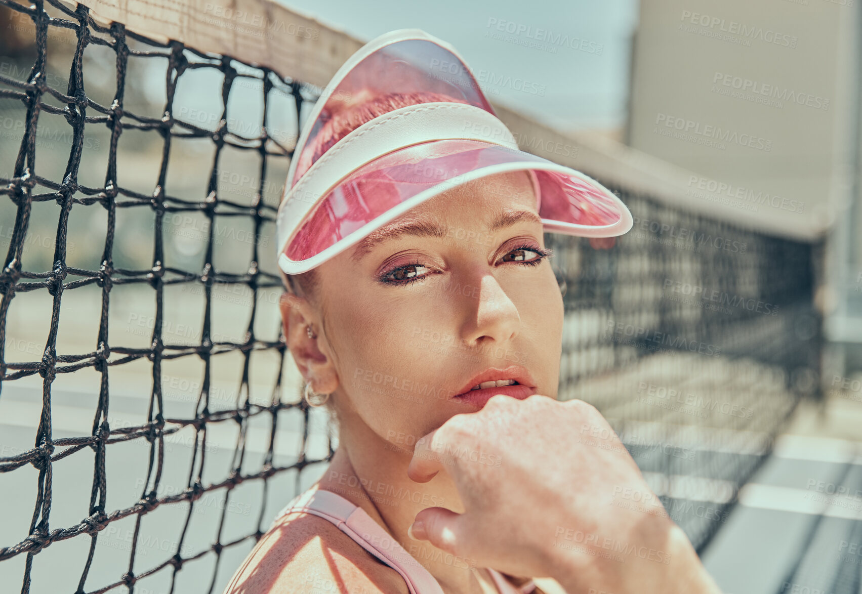 Buy stock photo Portrait, tennis and woman with confidence, exercise and training outdoor, sunshine and fitness. Face, player and female athlete with hat for sunlight, workout and rest after practice, game and relax