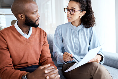 Buy stock photo Contract, health agreement and man with black woman explain paperwork, medical insurance and legal document. Discussion, doctor in psychology and patient in consultation, sign terms and conditions