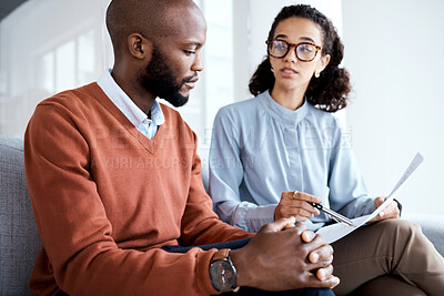 Buy stock photo Contract, healthcare agreement and black man with woman explain paperwork, health insurance and legal document. Discussion, doctor in psychology and patient in consultation, sign terms and conditions