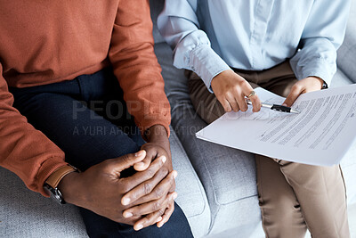 Buy stock photo Contract, medical agreement and hands with people, explain paperwork with health insurance and legal document. Discussion, doctor in psychology and patient in consultation, sign terms and conditions