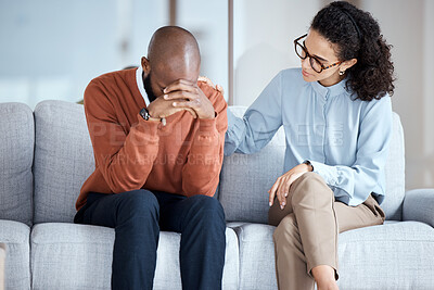 Buy stock photo Sad, depression and black man with psychologist help, support and empathy for mental health crying. Counseling, psychology and USA professional woman consulting depressed patient or client problem