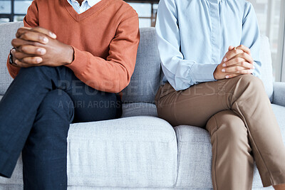 Buy stock photo Psychology, couple counselling and people on sofa in therapist healthcare office for session. Marriage therapy, psychiatry and closeup of man and woman sitting at psychotherapy for advice together.