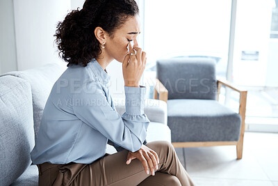 Buy stock photo Crying, depression and business woman suffering mental breakdown on a sofa, sad and overwhelmed in office. Tears, depressed and lady corporate employee with anxiety, emotion and fear, fail or mistake