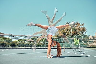 Woman, tennis and handstand for balance, sport or summer sunshine in motion blur, legs and feet in air. Gen z girl, athlete or training for sports workout, fitness or goals for strong body at court