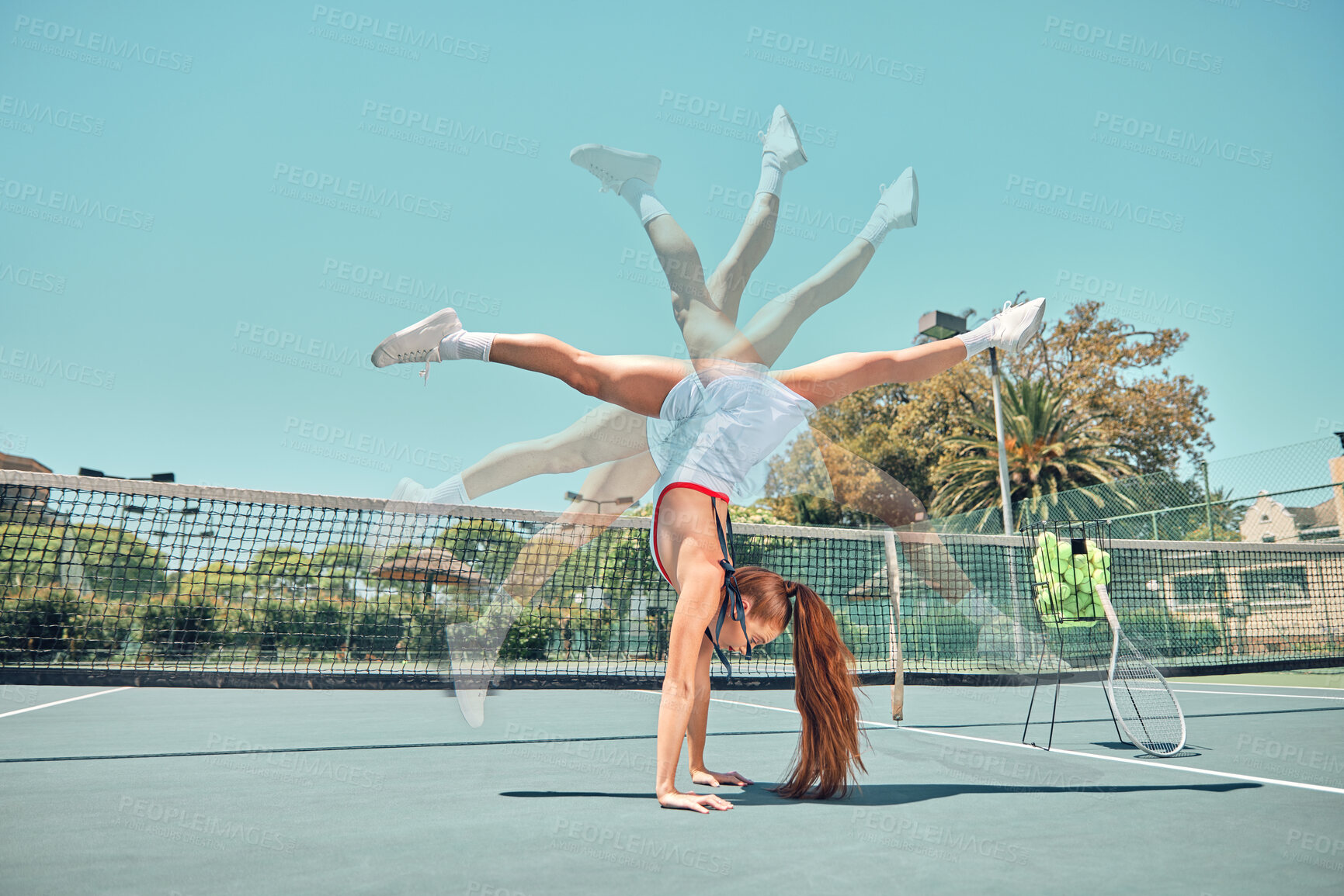 Buy stock photo Woman, tennis and handstand for balance, sport or summer sunshine in motion blur sequence, legs and feet in air. Gen z girl, athlete or training for workout, fitness or goals for strong body at court