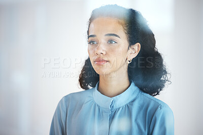 Buy stock photo Black woman, modern office and thinking for vision, ideas, brainstorming and corporate strategy for PR job. Public relations manager, motivation and mindset for goals, mission and career development