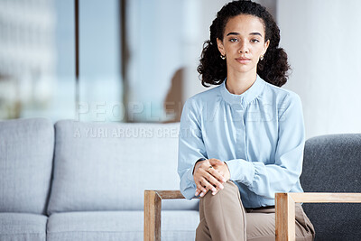 Buy stock photo Portrait, mockup and mental health with a black woman psychologist sitting in her office for therapy. Consultant, psychology and mock up with a female therapist ready to help during counseling