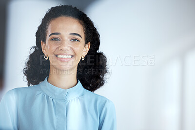 Buy stock photo Portrait, business and black woman with smile, startup success and confidence in modern office. Face, African American female leader and happy manager with leadership skills, new project or happiness