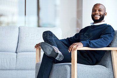 Buy stock photo Job interview, waiting room and portrait of man in office building or recruitment, opportunity or career goal. Face, candidate and businessman sitting at startup company for hiring, employment or job