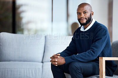 Buy stock photo Employee, portrait and confident black man at work, job or modern workplace in a waiting room for interview at office building. Portrait, businessman and African American worker with positive mindset