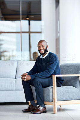 Buy stock photo Man, happy and therapist waiting in chair at workplace for consultation or interview in an office building smiling. Portrait, employee and African American worker with positive mindset and excited