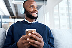 Black man, face and phone with headphones for music with smile, scroll social media and audio streaming. Online, listening to radio or podcast with happiness and relax with vision and mindset