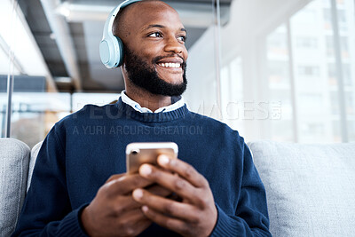 Buy stock photo Black man, face and phone with headphones for music with smile, scroll social media and audio streaming. Online, listening to radio or podcast with happiness and relax with vision and mindset