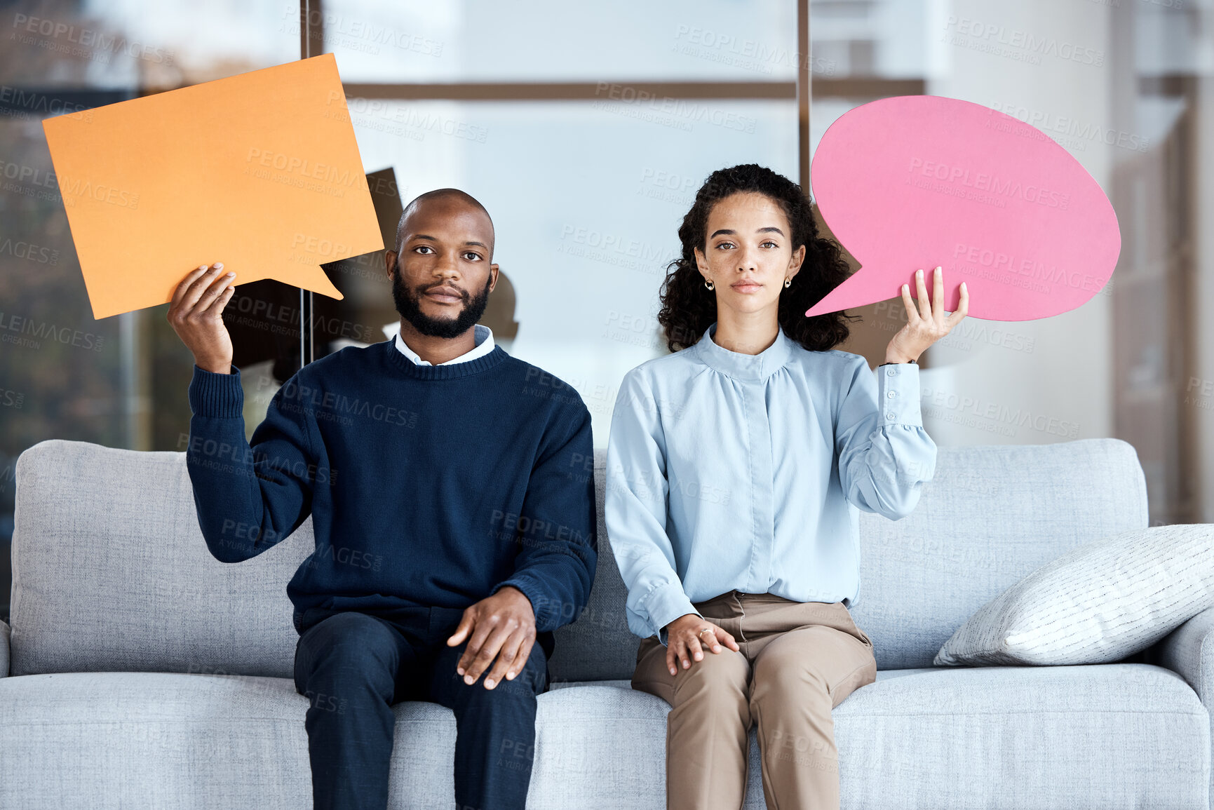 Buy stock photo Black man, woman and speech bubble with space on sofa for opinion, idea or advice in portrait together for therapy. Psychology consultation, couch and poster for mock up, communication and support
