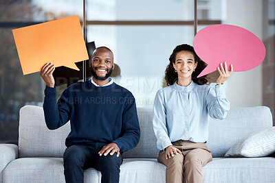Buy stock photo Marriage counseling, therapy or speech bubble with a black couple on a sofa in a psychologist office for talking. Portrait, communication or psychology with man and woman holding blank feedback space