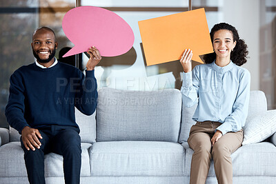 Buy stock photo Marriage counseling, session or speech bubble with a married couple on a sofa in a psychologist office for talking. Portrait, communication or psychology with a man and woman holding empty copy space