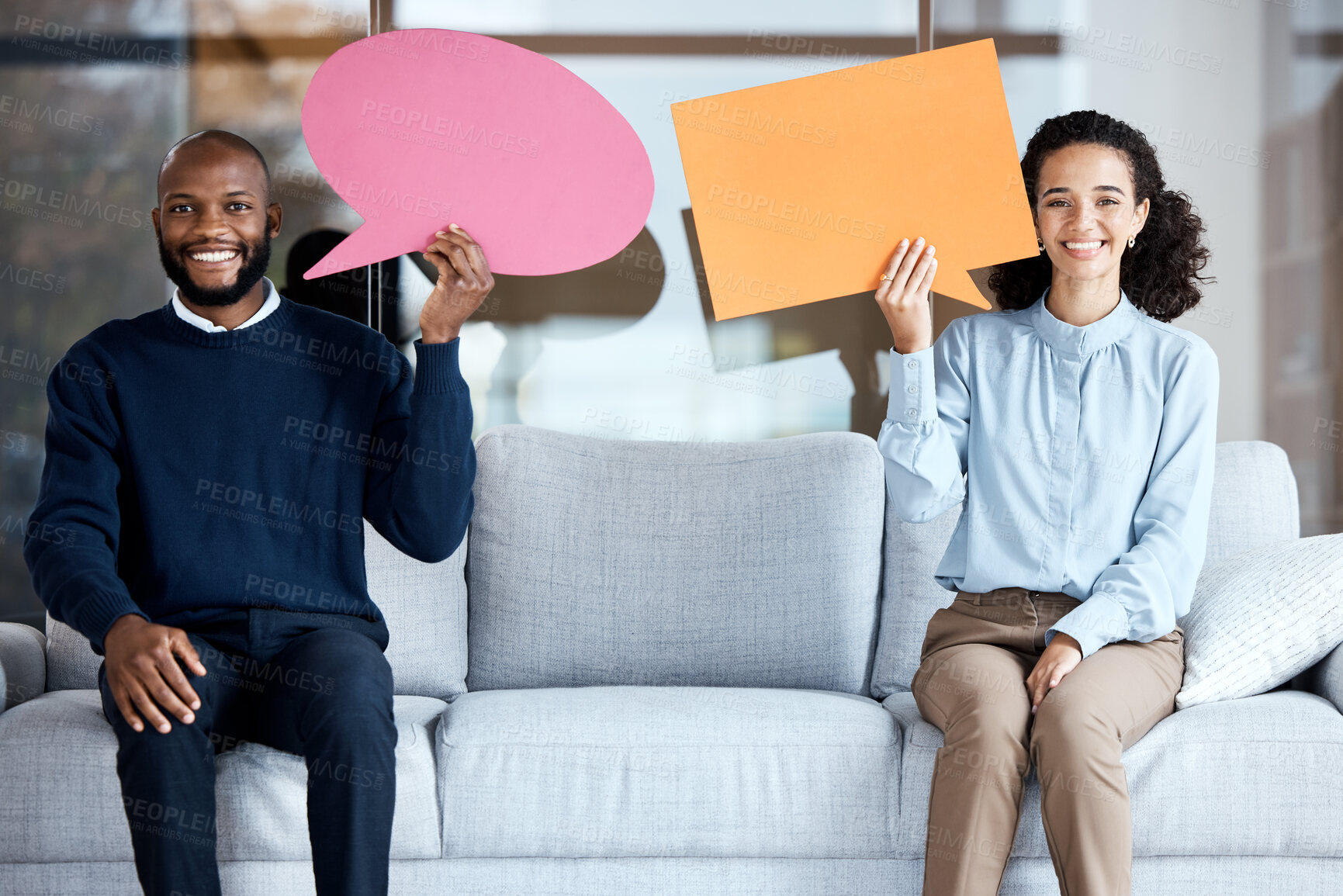 Buy stock photo Marriage counseling, session or speech bubble with a married couple on a sofa in a psychologist office for talking. Portrait, communication or psychology with a man and woman holding empty copy space