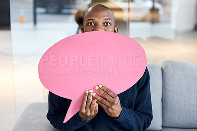 Buy stock photo Portrait surprise, wow and black man with speech bubble for social media, vote or review. Mockup, shocked and male employee with chat sign for opinion, mock up or advertising, marketing or feedback.
