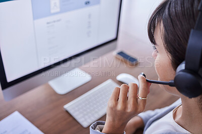 Buy stock photo Woman, call center and computer in telemarketing communication for desktop support at the office. Female consultant or agent with headset mic for online advice or consulting assistance at workplace