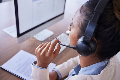 Buy stock photo Woman, call center and computer in telemarketing or desktop support for communication at office. Female consultant or agent with headset mic for online advice or consulting assistance at workplace