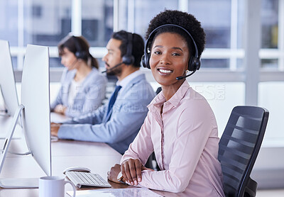 Buy stock photo Black woman, call center and portrait smile in contact us for telemarketing, customer support or service at the office. Happy African American female consultant smiling with headset for online advice