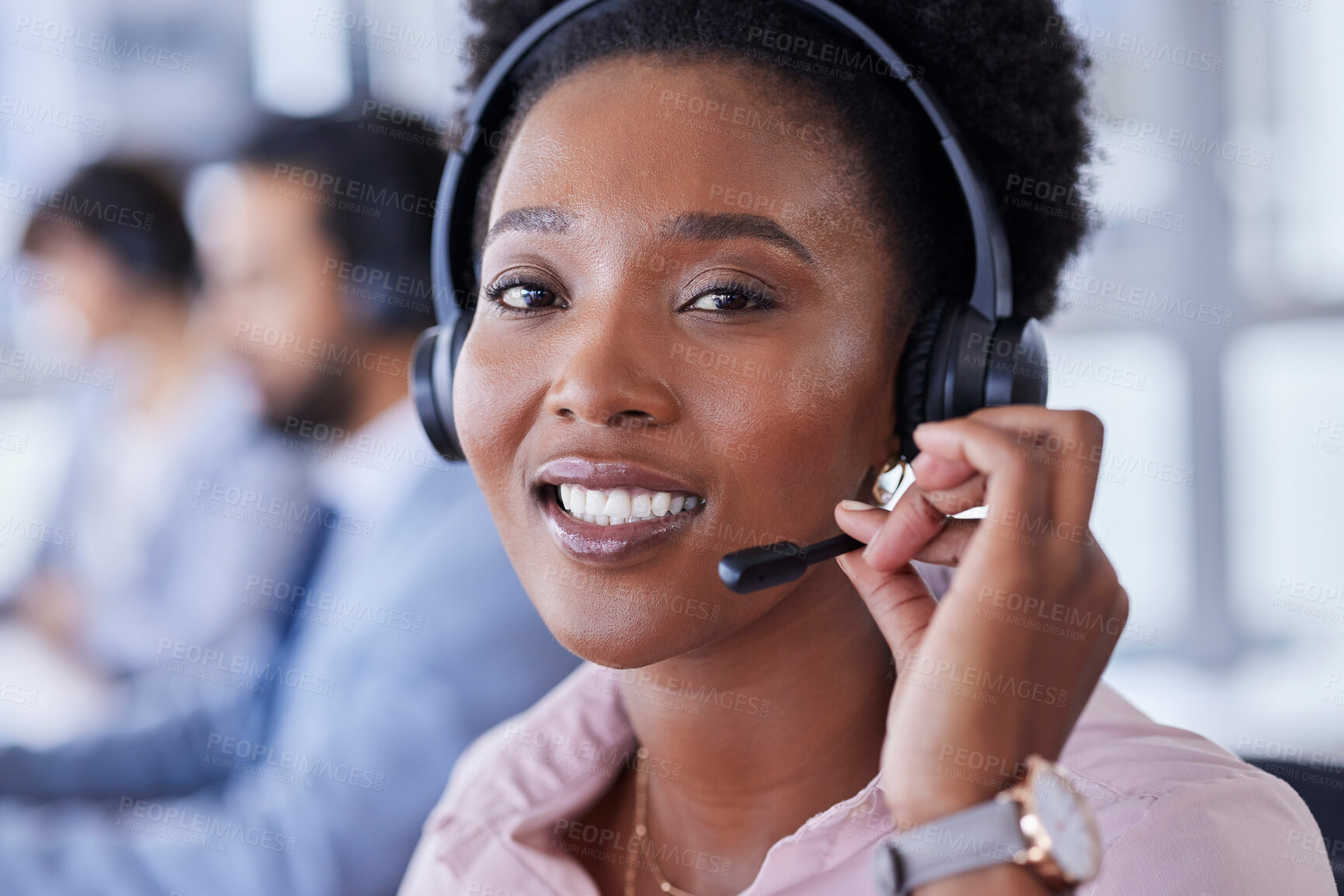 Buy stock photo Black woman, call center and portrait smile for telemarketing, customer support or service at the office. Happy African American female consultant face smiling with headset for online advice or help