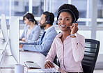 Black woman, call center and portrait smile with headset for telemarketing, customer support or service at the office. Happy African American female consultant smiling for online advice in contact us