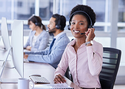 Buy stock photo Black woman, call center and portrait smile with headset for telemarketing, customer support or service at the office. Happy African American female consultant smiling for online advice in contact us