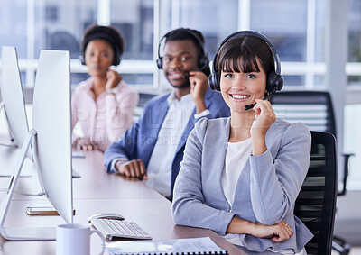 Buy stock photo People, call center and portrait smile for telemarketing, customer support or service at the office. Group of consultants smiling with headset in CRM agency for online advice or help in contact us