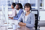 Woman, call center and portrait smile for telemarketing, customer support or service at the office. Happy female consultant smiling with headset in CRM agency for online advice or help in contact us