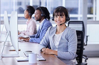 Buy stock photo Woman, call center and portrait smile for telemarketing, customer support or service at the office. Happy female consultant smiling with headset in CRM agency for online advice or help in contact us