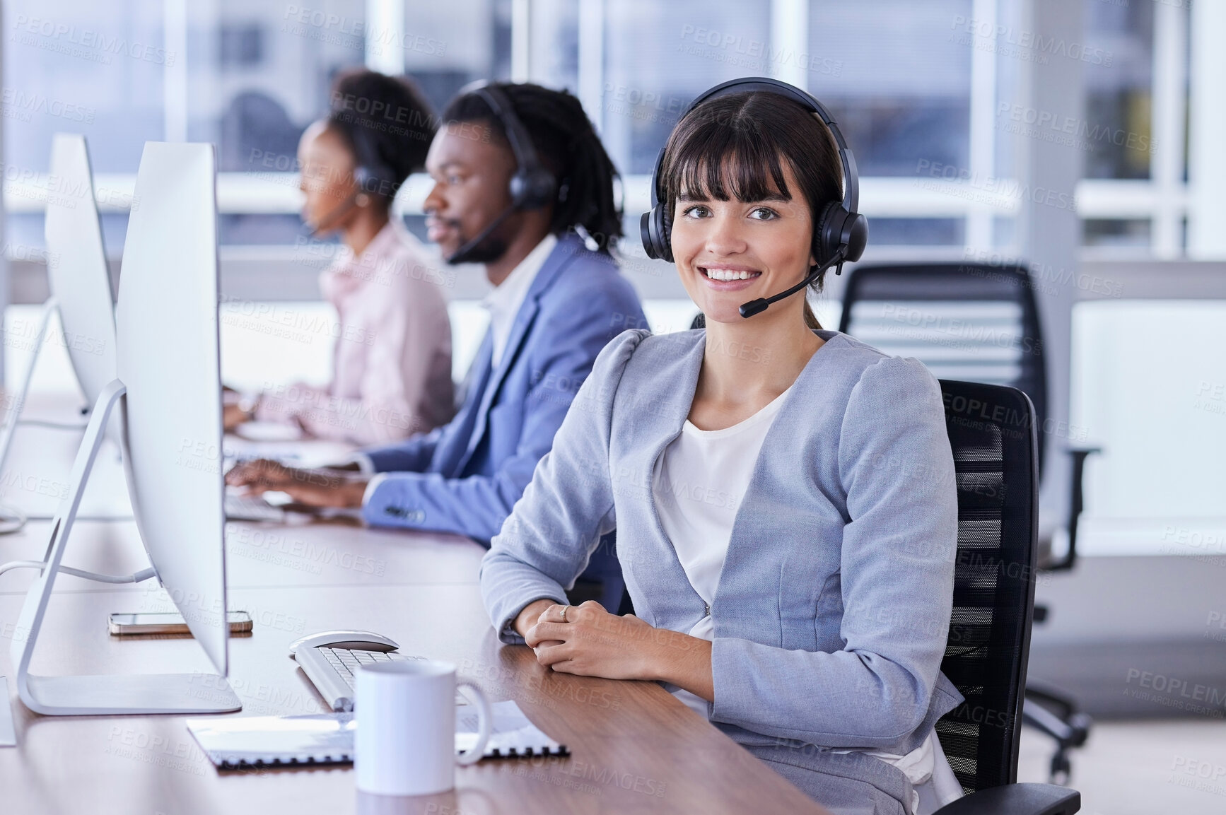 Buy stock photo Woman, call center and portrait smile for telemarketing, customer support or service at the office. Happy female consultant smiling with headset in CRM agency for online advice or help in contact us