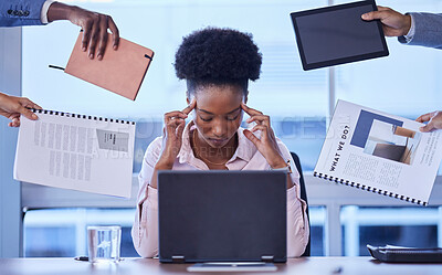 Buy stock photo Headache, stress and business woman in hands of group for multitasking, workload or chaos in office. Overwhelmed, burnout and corporate employee suffering pressure with team, compliance or report